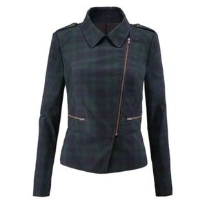 Cabi Moto Jacket Tartan Zip Plaid Green Blue Zip Asymmetrical Collared Sz 6
